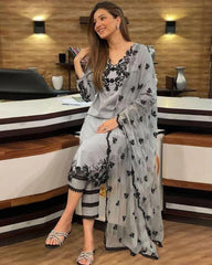 Linen 3PC Embroidered Shirt with Chiffon Embroidered Duaptta-925