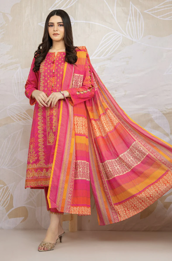 Vibrant pink and orange salaf suit with a coordinating dupatta, featuring elegant prints and a stylish design.
