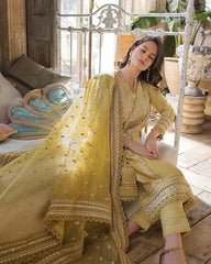 Linen 3PC Embroidered with Organza Sequins Embroidered Dupatta -583