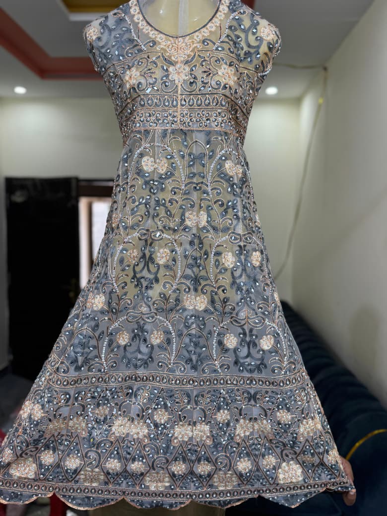 Luxury Embroidered Dhanak Long Frock with Fancy Dupatta – 3 Piece Premium Collection
