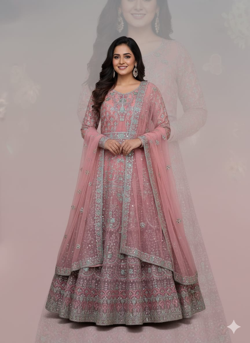Luxury Embroidered Dhanak Long Frock with Fancy Dupatta – 3 Piece Premium Collection